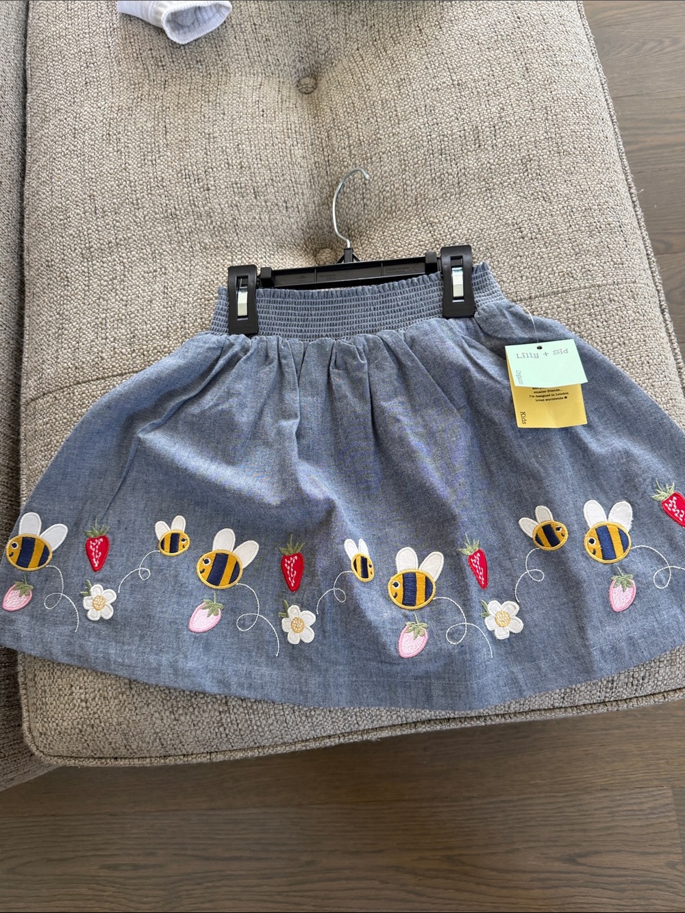 Lilly and Sid Girls Denim Skirt with Bee & Strawberry Embroidery